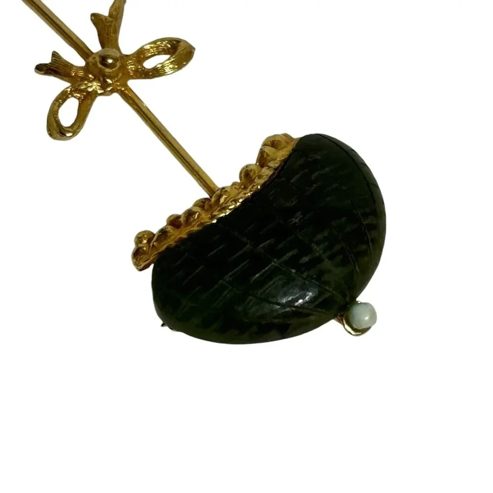 SIGNED SWOBODA Vintage Brooch Pin Jade Umbrella Genuine Gemstone MCM Jewelry